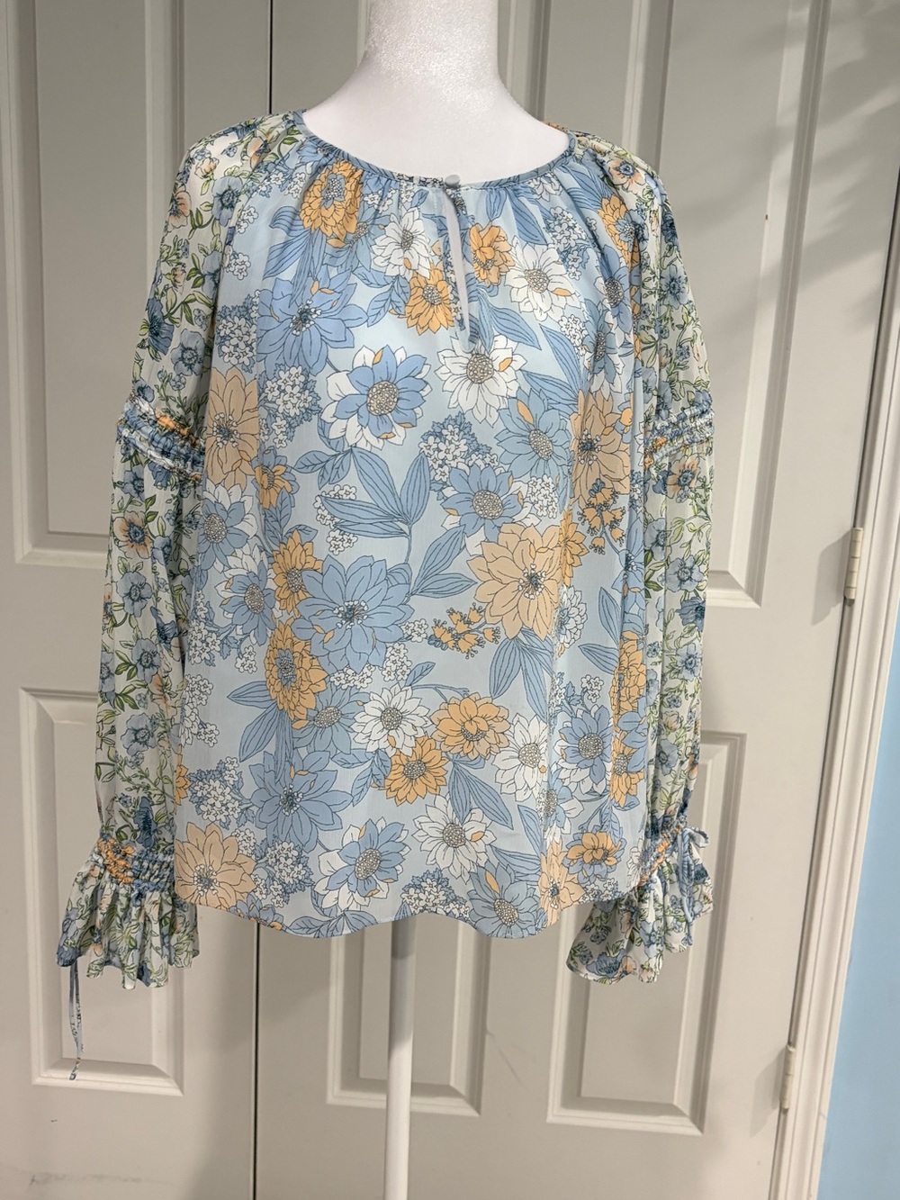 J. Crew Light Blue Floral Peasant Blouse